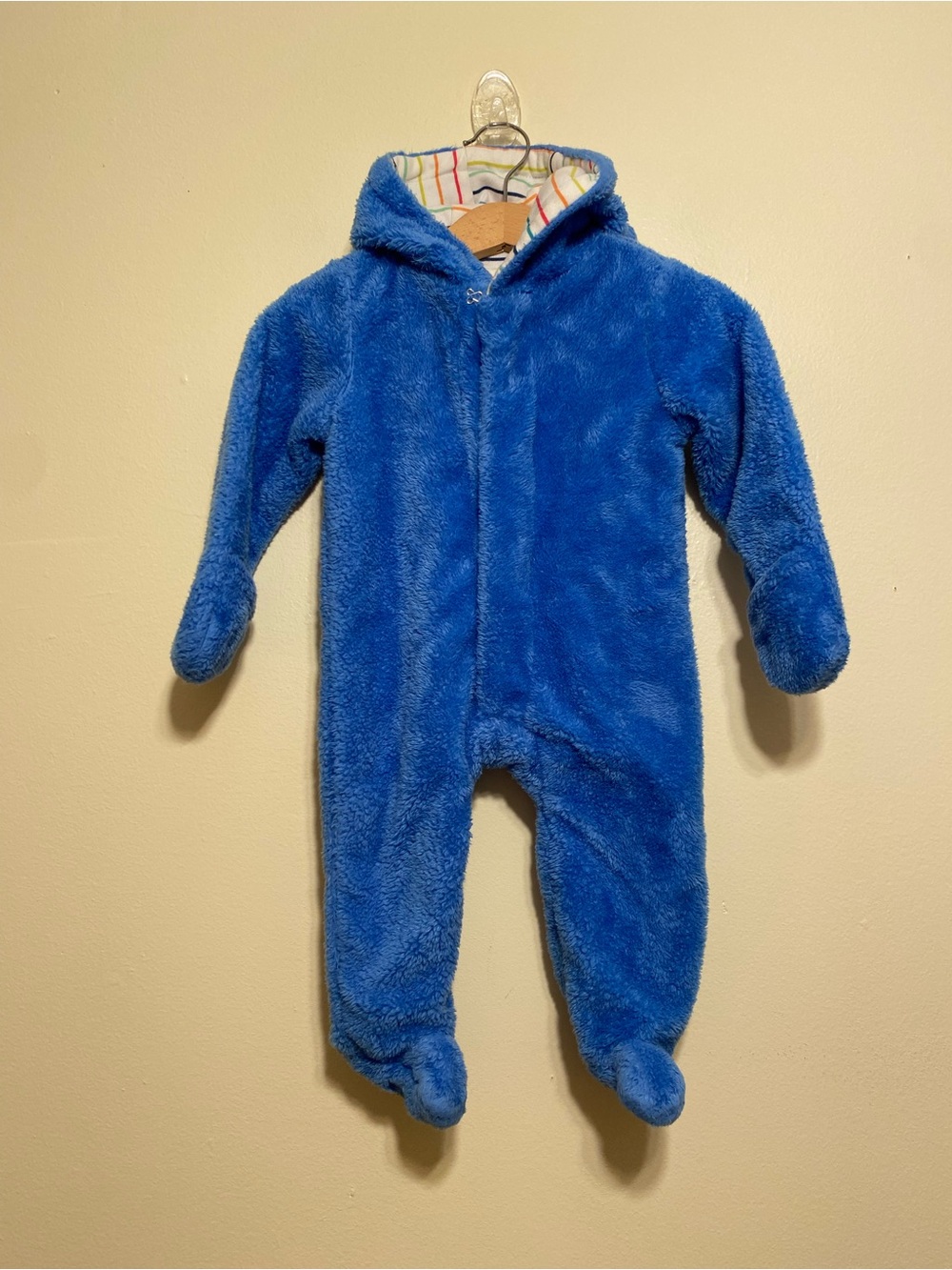 Magnetic Me Royal Blue Plush Hooded Baby One-Piece. Size 3-6 months